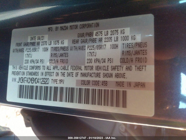 2021 MAZDA CX-5 TOURING VIN: JM3KFACM6M0412920