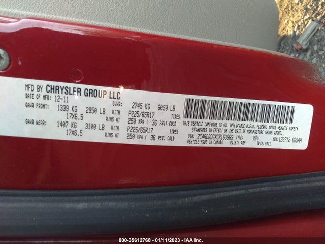 Dodge Grand Caravan Crew 2012 2C4RDGDGXCR163969 Image 11
