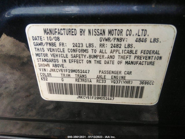 2009 INFINITI G37 SEDAN X VIN: JNKCV61F29M052447