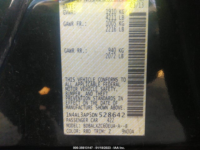 2013 NISSAN ALTIMA 2.5 SL VIN: 1N4AL3AP5DN528642