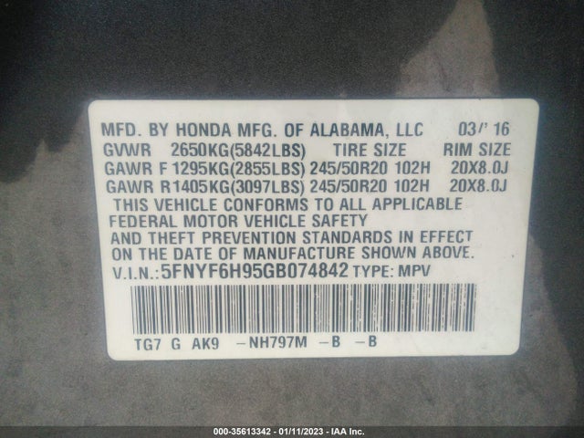 2016 Honda Pilot, VIN: 5FNYF6H95GB074842