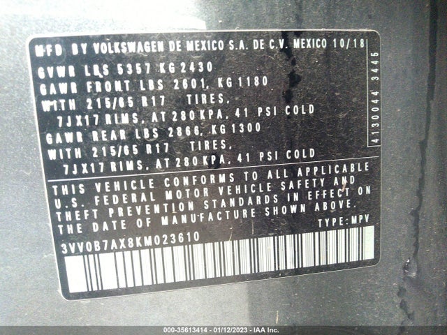 3VV0B7AX8KM023610 Volkswagen TIGUAN S