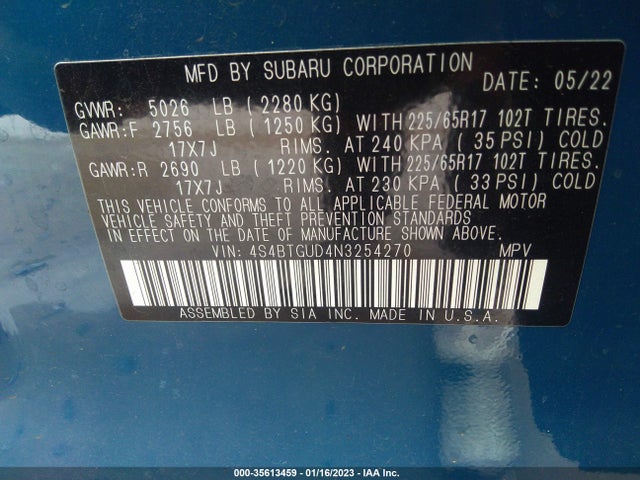 2022 Subaru Outback, VIN: 4S4BTGUD4N3254270