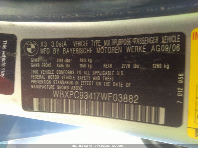 2007 BMW X3 3.0SI VIN: WBXPC93417WF03882