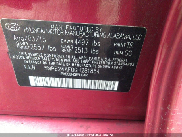 2016 HYUNDAI SONATA 2.4L SE VIN: 5NPE24AF0GH281854