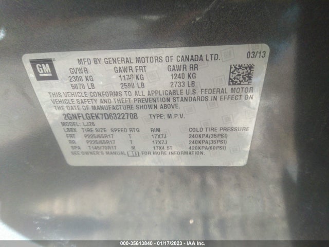2013 CHEVROLET EQUINOX LTZ VIN: 2GNFLGEK7D6322708