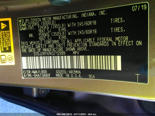 2019 Toyota Highlander, VIN: 5TDJZRFH7KS712999