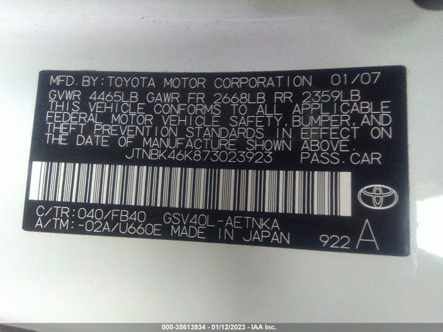 2007 TOYOTA CAMRY LE/SE/XLE VIN: JTNBK46K873023923
