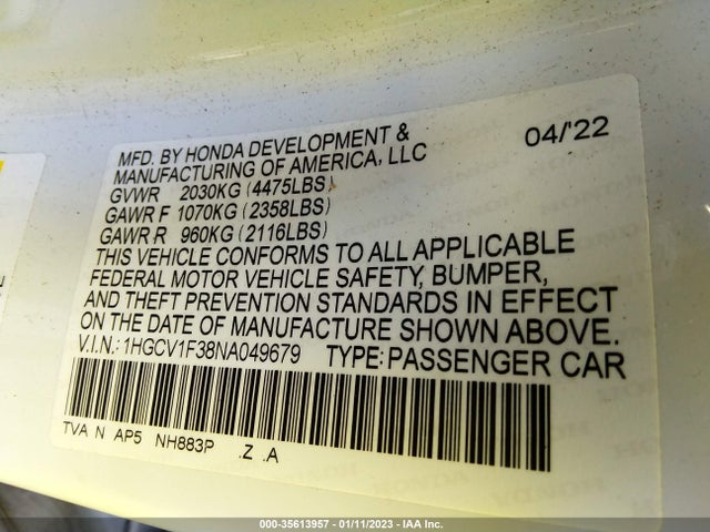 2022 Honda Accord, VIN: 1HGCV1F38NA049679