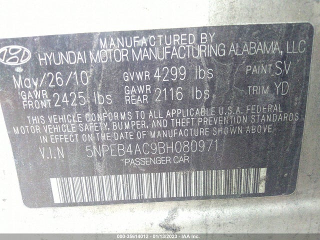 2011 HYUNDAI SONATA GLS PZEV VIN: 5NPEB4AC9BH080971