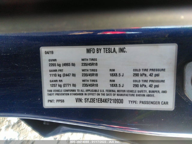 2019 Tesla 3, VIN: 5YJ3E1EB4KF210930