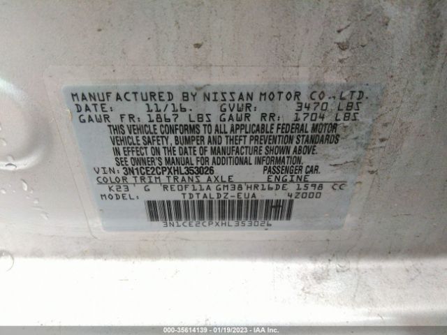 3N1CE2CPXHL353026 Nissan Versa Note Sv