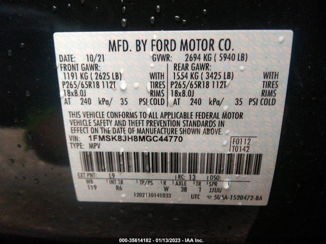 2021 FORD EXPLORER TIMBERLINE VIN: 1FMSK8JH8MGC44770