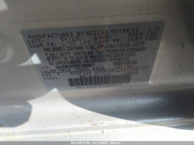 2014 NISSAN VERSA SV VIN: 3N1CN7AP3EL806947