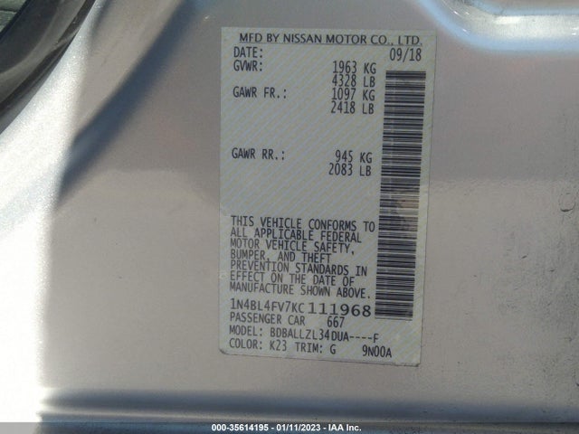 2019 NISSAN ALTIMA 2.5 PLATINUM VIN: 1N4BL4FV7KC111968