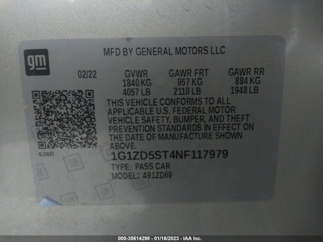 2022 Chevrolet Malibu, VIN: 1G1ZD5ST4NF117979