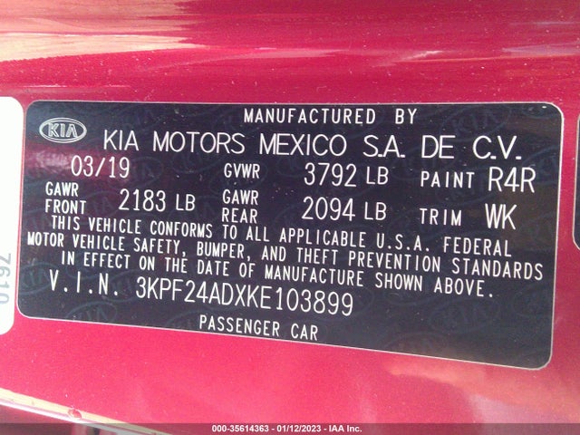 2019 KIA FORTE LXS VIN: 3KPF24ADXKE103899
