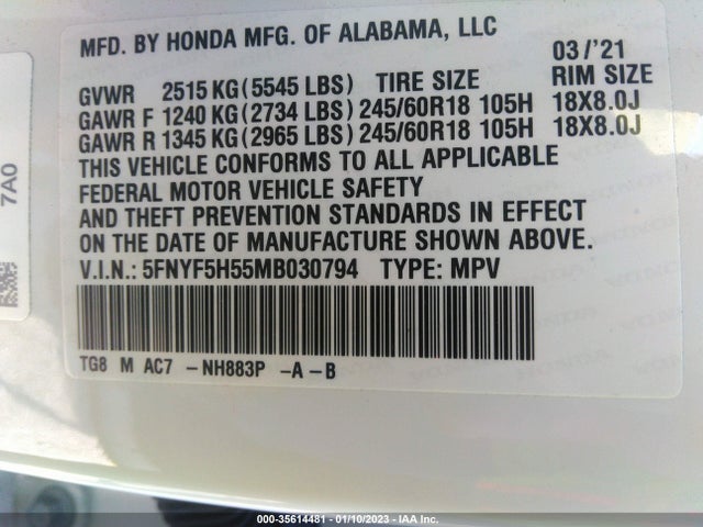 2021 HONDA PILOT EX-L VIN: 5FNYF5H55MB030794