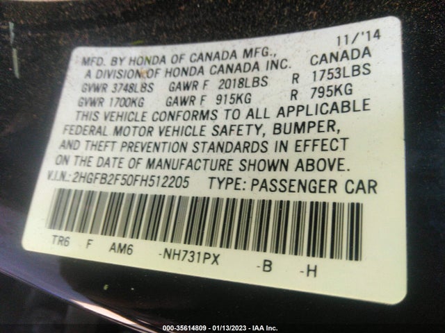 Honda Civic Sedan Lx 2015 2HGFB2F50FH512205 Image 10