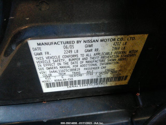 2005 NISSAN ALTIMA 2.5 VIN: 1N4AL11D25C389819