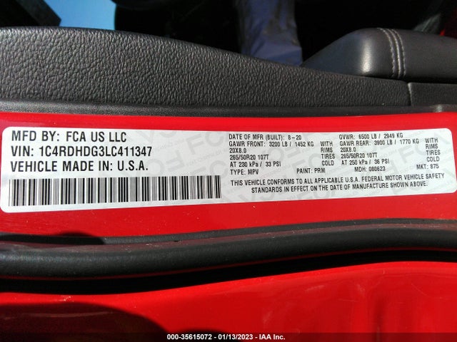2020 Dodge Durango, VIN: 1C4RDHDG3LC411347