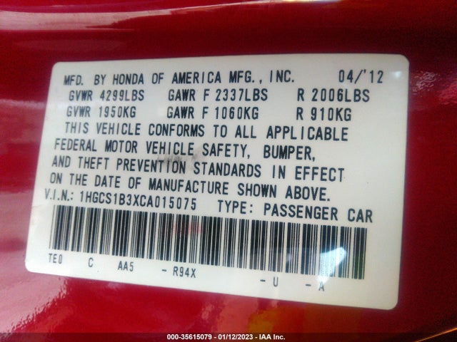 2012 HONDA ACCORD CPE LX-S VIN: 1HGCS1B3XCA015075