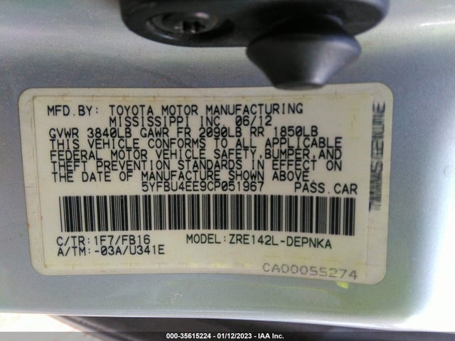 2012 TOYOTA COROLLA L/LE/S VIN: 5YFBU4EE9CP051967