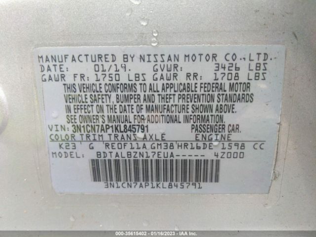 3N1CN7AP1KL845791 Nissan Versa Sedan Sv