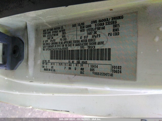 2001 FORD ECONOLINE CARGO VAN VIN: 1FTNE24LX1HA45005