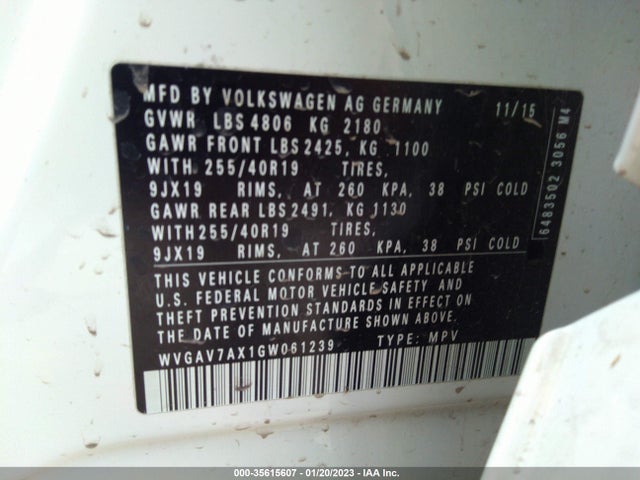 2016 Volkswagen Tiguan, VIN: WVGAV7AX1GW061239