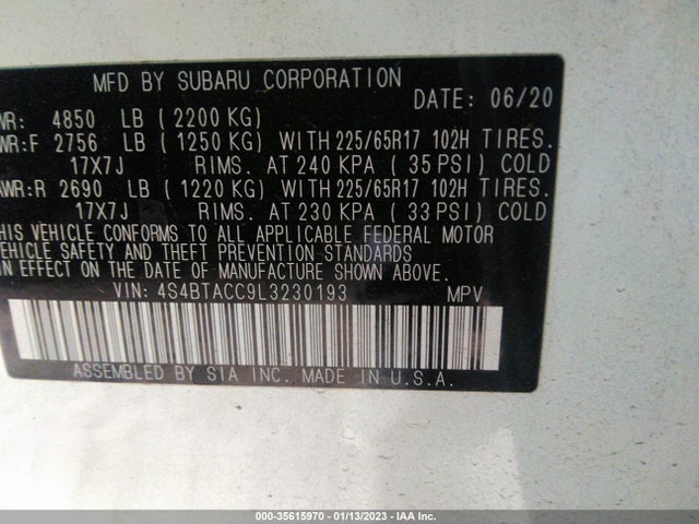 2020 Subaru Outback, VIN: 4S4BTACC9L3230193