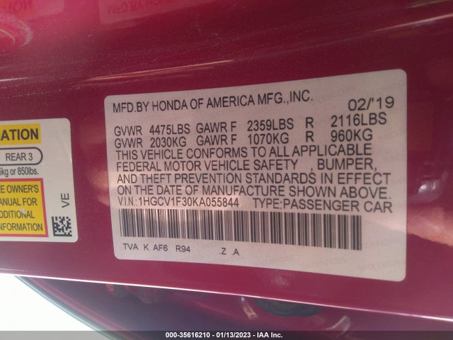 2019 HONDA ACCORD SEDAN SPORT 1.5T VIN: 1HGCV1F30KA055844