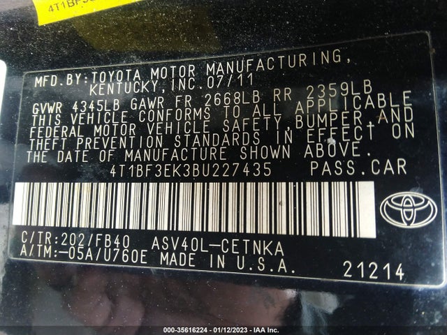 2011 TOYOTA CAMRY VIN: 4T1BF3EK3BU227435
