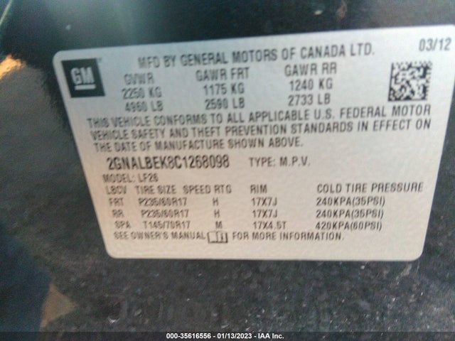2012 CHEVROLET EQUINOX LS VIN: 2GNALBEK8C1268098