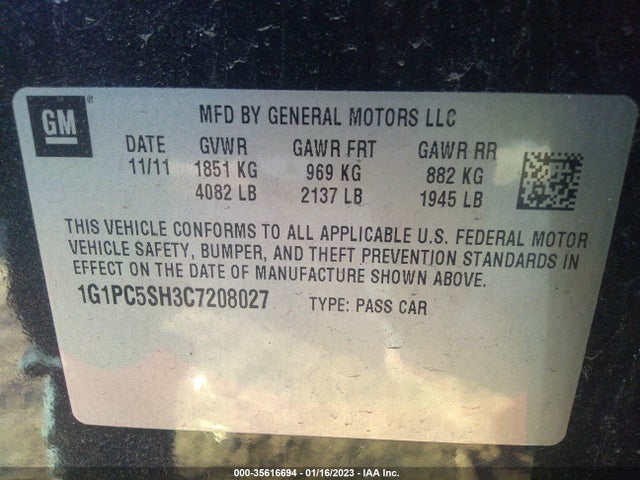 2012 CHEVROLET CRUZE LS VIN: 1G1PC5SH3C7208027
