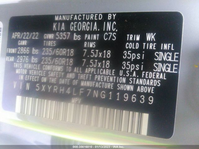 5XYRH4LF7NG119639 KIA SORENTO EX