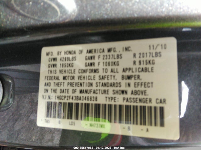 2011 HONDA ACCORD SDN LX-P VIN: 1HGCP2F43BA046838