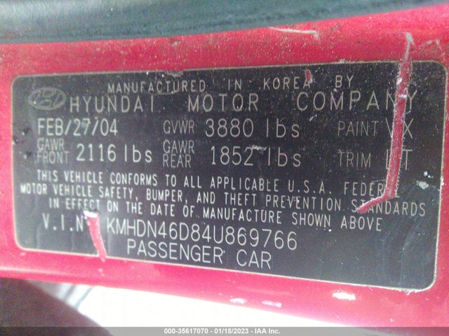 2004 HYUNDAI ELANTRA GLS/GT VIN: KMHDN46D84U869766