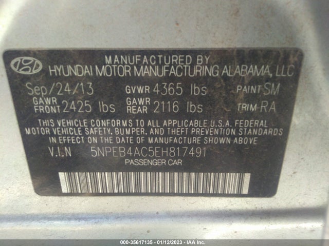 Aukcja sprzedaży 2014 Hyundai Sonata Gls, vin: 5NPEB4AC5EH817491, numer aukcji: 35617135