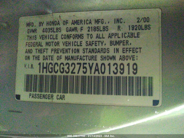 2000 HONDA ACCORD CPE EX VIN: 1HGCG3275YA013919