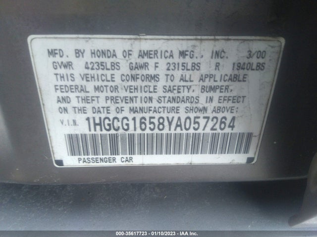 2000 HONDA ACCORD SDN EX W/LEATHER VIN: 1HGCG1658YA057264