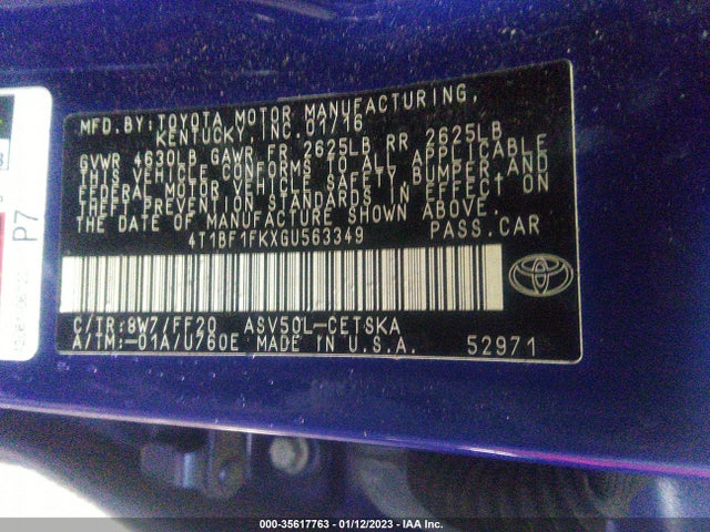 2016 TOYOTA CAMRY XLE/SE/LE/XSE VIN: 4T1BF1FKXGU563349