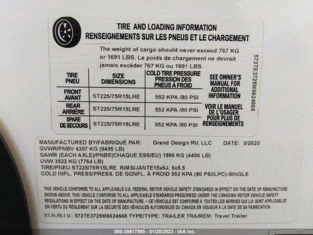 2021 GRAND DESIGN IMAGINE VIN: 573TE3725M6624668