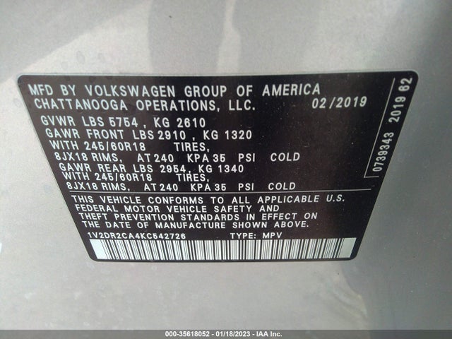 1V2DR2CA4KC542726 Volkswagen Atlas 3.6l V6 Se