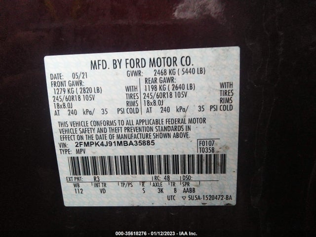 2021 Ford Edge, VIN: 2FMPK4J91MBA35885