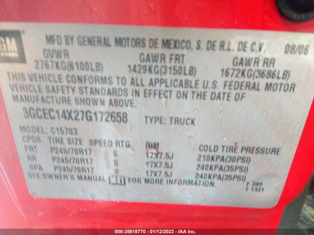2007 CHEVROLET SILVERADO 1500 WORK TRUCK VIN: 3GCEC14X27G172658