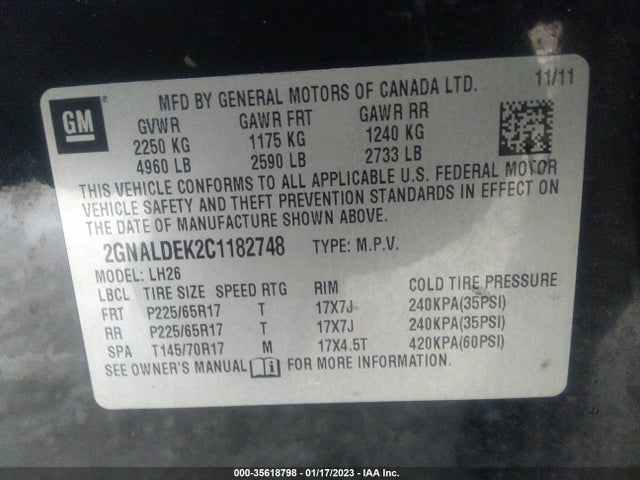 2012 CHEVROLET EQUINOX LT W/1LT VIN: 2GNALDEK2C1182748