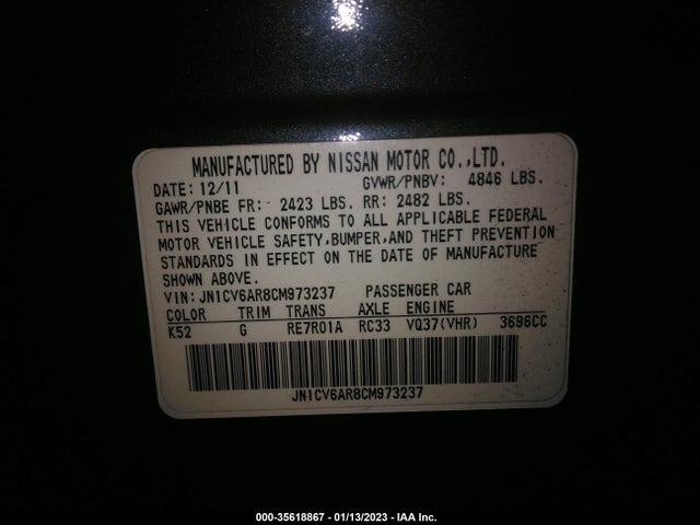 2012 Infiniti G37 Sedan X მანქანა იყიდება აუქციონზე, vin: JN1CV6AR8CM973237, აუქციონის ნომერი: 35618867