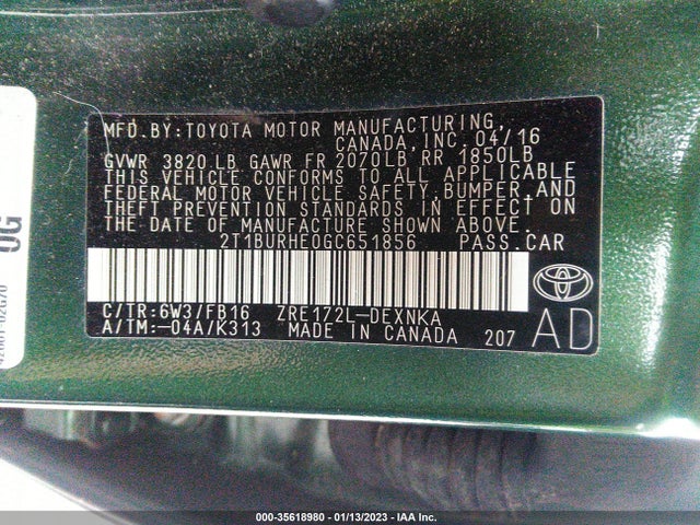 2016 Toyota Corolla, VIN: 2T1BURHE0GC651856