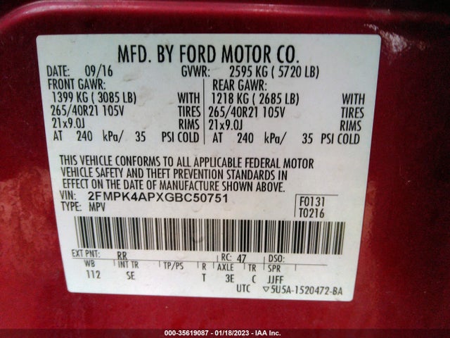 2016 Ford Edge, VIN: 2FMPK4APXGBC50751